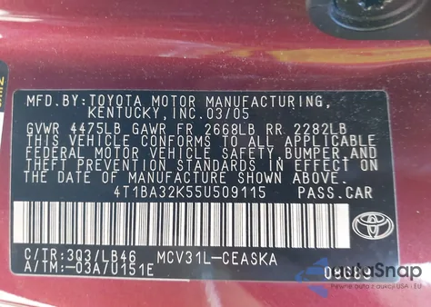 2005 Toyota Camry Se V6 из США, поврежденный, VIN 4T1BA32K55U509115